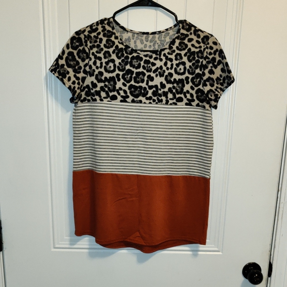 Leopard Print and Striped Colorblock Top